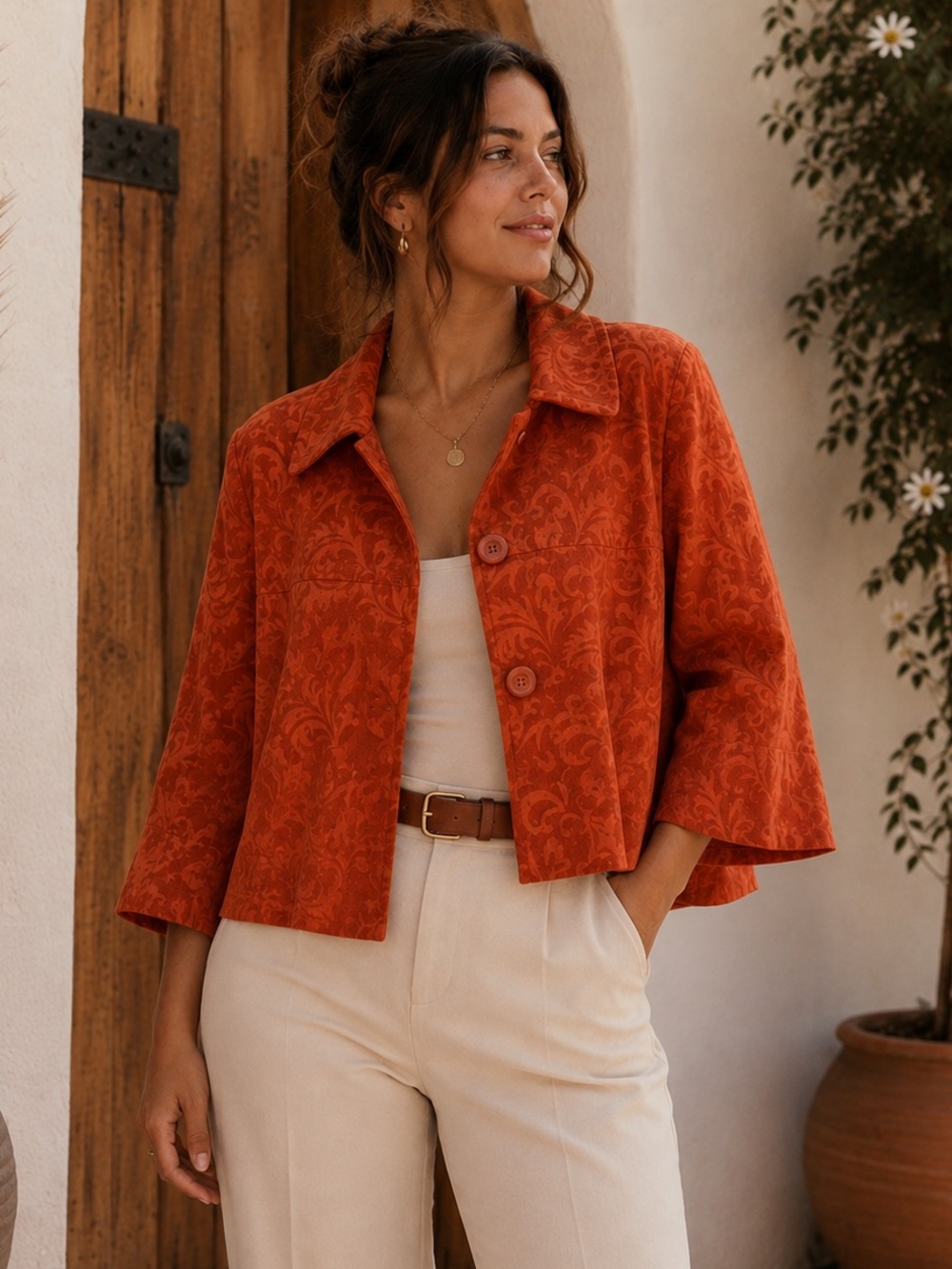 Requirements Burnt Orange Scroll Print Open Front Jacket Blazer XL Stretch - Picture 1 of 8